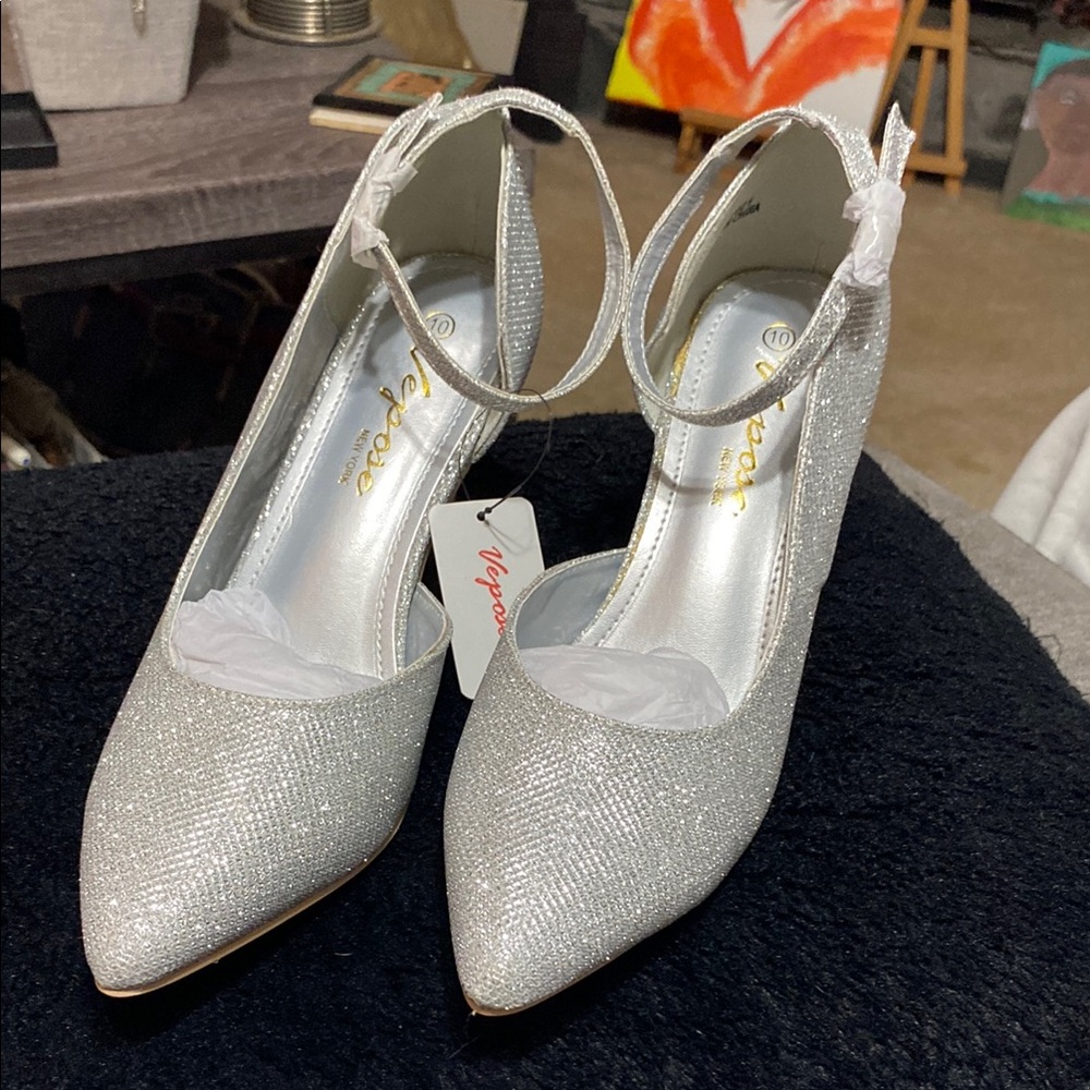 Silver Glitter  3” High Heel Pumps with Ankle Strap size 10